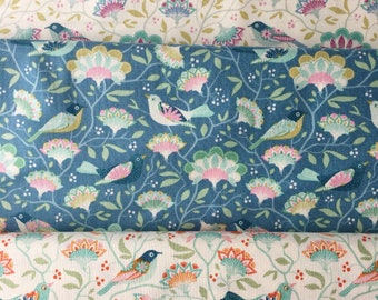 Quilting cotton from the Tilda Fabric 'Harvest' range, in Bird Tree Lilac, Blue, Ginger Available cut to order in FQ, half and full meters