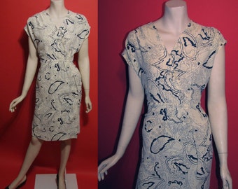 Vintage 1940's Paisley Swirls 40's Crepe Navy Cream Pin Up Swing Womens Dress - XL