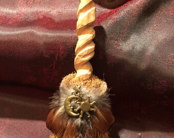 Besom (Witches' Broom): 6 inches. Pine Handle, with Feathers and Sun/Moon/Star Charm