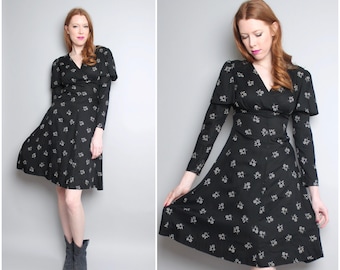 1970's Black Babydoll Dress / Black Floral / Small