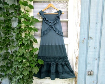 Upcycled Teal Ruffled Day Dress// Drop Waist// Altered Clothing// Medium// Reconstructed Dress// emmevielle