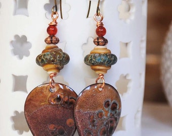 Earthy Enamel Earrings, Brown Gypsy Earrings, Boho Chic Earrings, Rustic Teardrop Earrings, Artisan Enamel, Lampwork Glass Bead Earrings,