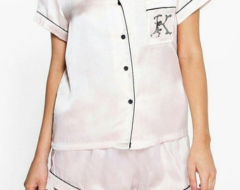 Silky Satin Luxurious Shortie PJ with Your Choice of Letter Monogram in Beaded Embroidery