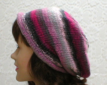 Rolled brim slouchy hat, silver charcoal gray pink fuchsia tweed stripes, slouchy hat, knit hat, toque, womens hat, chemo cap, winter hat