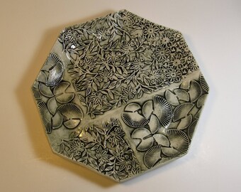 Serving Plate, Handmade plate, Black and white Ceramic serving dish, Ocagon pottery plate, Unique gift idea, READY TO SHIP