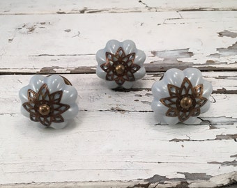 Knobs, Decorative Soft Grey Pumpkin Pull Knob With Bronze Apron, Furniture Upgrade Ceramic Drawer Pulls, Item #488757963