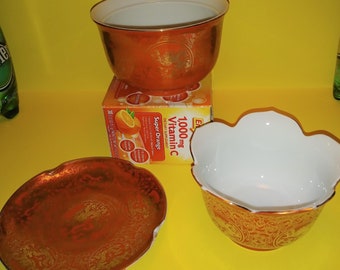 Vintage OMC Japan noodle/rice 2 Bowls & 1 Plate Orange with Handpainted Gold Dragons Otagiri Mercantile Company