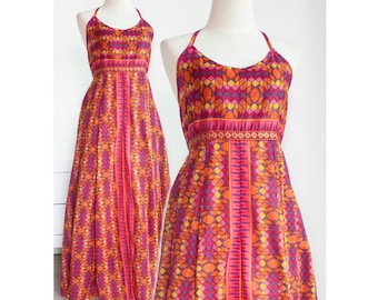 S - M, Boho Maxi Dress, Cami Printed Cotton Dress, Empire Waist Dress, Gypsy Festival Dress in Orange