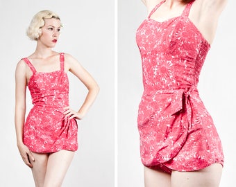 Vintage 1950s Floral Cotton Sarong Skirted Swimsuit / Playsuit