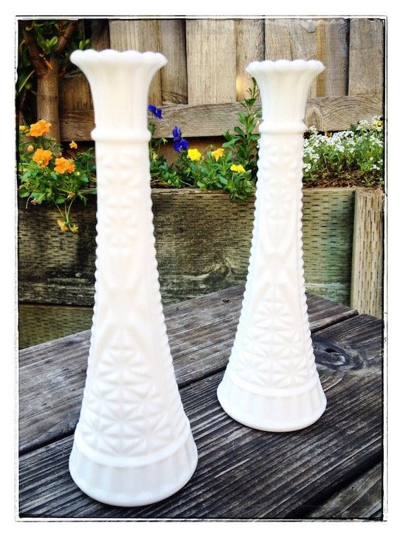 Items similar to Pair of Tall Ornate Milk Glass Bud Vases on Etsy