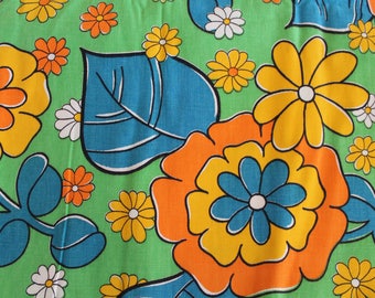 Vintage 1960s Cotton Canvas Fabric: Bright Orange, Yellow, Blue, and Green Groovy Floral Print 4 Yards