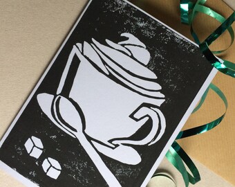 Winter Warmer - Blank Christmas Linoprint Greeting Card in Black with Vegan Envelope - 100% Recycled Paper and Biodegradable Packaging