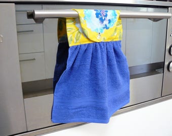 Hanging Hand Towel - purple blue towel with large blue and purple flowers on yellow