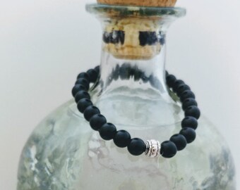 Male Black Beads Bracelet with Silver Accent