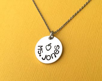 Personalized Teacher Necklace, Hand Stamped Jewelry, Teacher Appreciation Gift, Apple Necklace, Thank You Gift, Name Necklace, Teacher Gift
