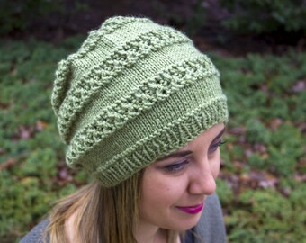 Leaf Green Slouchy Knit Hat - Vegan Hat - Boho Hat - Hipster Hat - Hippie Hat Womens Tam - Mens Beanie - Unisex Hat - Acrylic Hand Knit