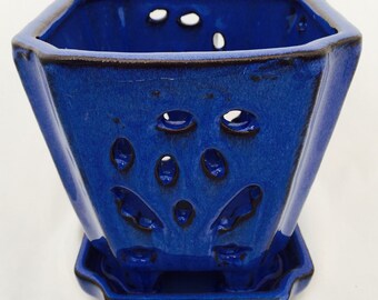 Square Ceramic Orchid Pot/Saucer + Felt Feet - 5" x 5 1/8" - Blue #14695
