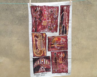 Vintage Lein linen tea towel - indigenour art motif - retro teatowel