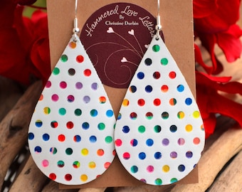 Leather Earrings white with rainbow polka dots handmade by Hammered Love Letters