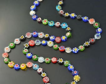 Millefiori Glass Knotted Beads Necklace, Rainbow Necklace, Millefiori Jewelry, Long Colorful Necklace, Beaded Strand Necklace N1475