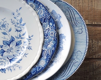 Mismatched Blue and White Dinner Plates for Weddings Set of 4 English Blue Transferware English China, Rustic Replacement China