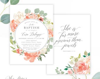 Baptism Invitation Girl, Baptism Invitation Girl Floral: Blush Pink, Peach, White Garden & Greenery, Modern - Printed or Printable - Cora