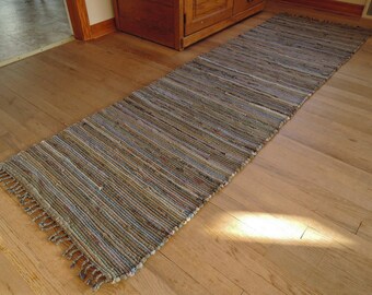 Hand Woven Rag Rug Tan Blue Brown Wool Runner 27" x 90"