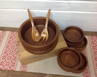 Vintage Teak Salad Bowl Set with Wood Serving Utensils
