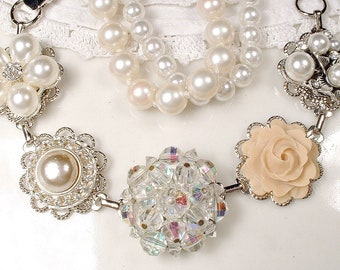 OOAK Crystal, Ivory & Champagne Pearl, Rhinestone Bridal Bracelet, Silver Vintage Wedding Earring Bracelet, Bridesmaid Gift Hollywood Glam