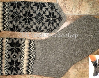 Gray Black White Hand Knit Mittens Natural Gray Wool Mittens Hand Knit Gray Black White Wool Gloves Winter Mittens Patterned Latvian Mittens