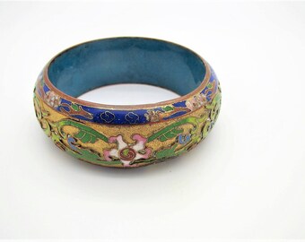 Wonderful Vtg Chinese Export Wide Cloisonne Champleve Enamel Bangle Bracelet