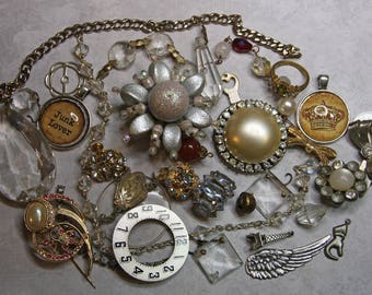 Vintage Assemblage Lot- COSTUME JEWELRY Findings- Crystals- Charms Watch Part- Bracelet- Found Object Lot- A44