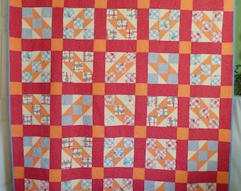 Vintage Quilt, Upcycle Quilt, Patchwork Quilt, Handmade Twin Size Quilt, Traditional Jacob's Ladder FREE SHIPPING!