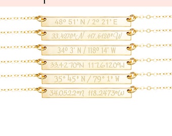 Custom Coordinates Bar Necklace Reversible, Latitude Longitude Necklace, Personalized Bar, Location GPS Coordinates, Gold Fill Silver Rose