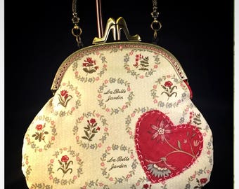 Large Kiss-Lock Purse Handbag with Hand-Applique - Vintage, Victoriana, Bridal 3041