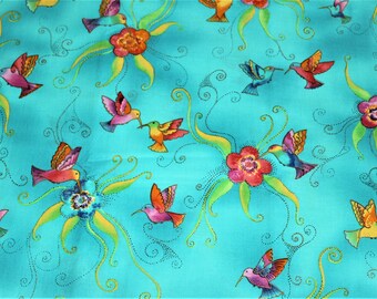 Laurel Burch Rare Oop FLYING COLORS II Hummingbirds on Teal Fabric - By The Half Yard