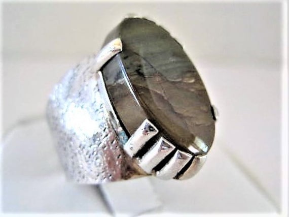 Sterling Agate Ring, Wide Band, Genuine Stone, Large Prongs, Size 10