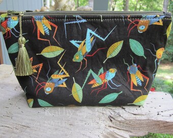 Zipper Pouch | Makeup Bag | Lined Bag | Cute Grasshopper Fabric | Grasshopper Fabric Makeup Bag | Small Gift Under 20 | Camera Accessory Bag