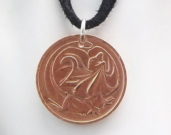 Lizard Coin Necklace, Australian 2 Cents, Coin Pendant, Leather Cord, Men's Necklace, Women's Necklace, 1976
