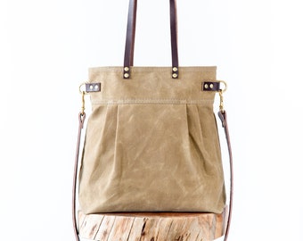 Waxed Canvas Charlie bag, Field Tan waxed canvas tote, waxed canvas crossbody bag, shoulder bag, carryall, convertible bag, pleated tote