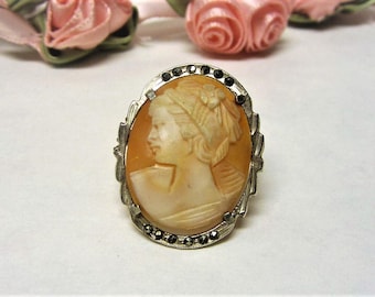 1940s Shell Cameo Brooch with Marcasite 800 Silver Cameo Pin Lady Facing Right
