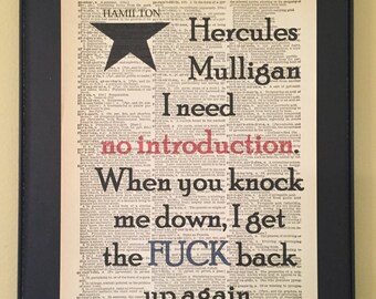 Hercules Mulligan I need no introduction.... - Hamilton Musical; Dictionary Print; Page Art;