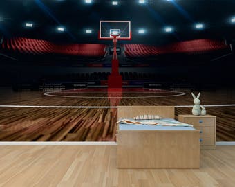 Basketball court, Photo Wallpaper, Removable Wall Wallpaper, Peel and Stick, Non Woven, Wall Mural, Wall Decal, Wall Mural, Sport Arena W#18