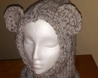 Hand knit Bear cowl/hood.