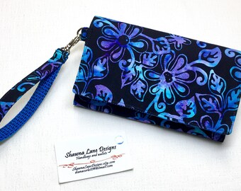 Women's Wallet with strap, cell phone accessory, blue purple black floral batik print wallet, small purse, women's gift, trifold wallet