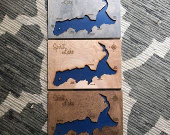Spirit Lake, Idaho 3-D Lake Sign - Handmade Custom Map with Cities, Compass and Lake Name Engraved - North Idaho Made