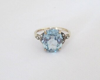 Vintage Sterling Silver Aquamarine & Seed Pearl Ring Size 6