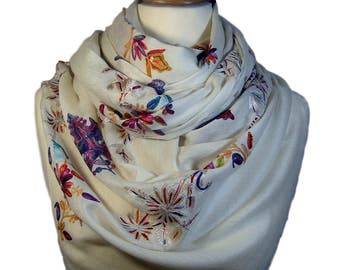 White Cashmere Pashmina Scarf with multicolor embroidery from Designer Kashmir | Gifts for her | handmade pashmina | oversized scarf