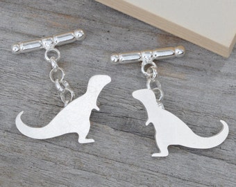 T-Rex Dinosaur Cufflinks In Sterling Silver, With Personalized Message On The Backs, Handmade In The UK