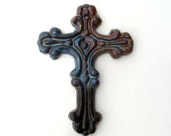 Hanging ceramic cross, Blue and brown pottery, Cross Christmas ornament